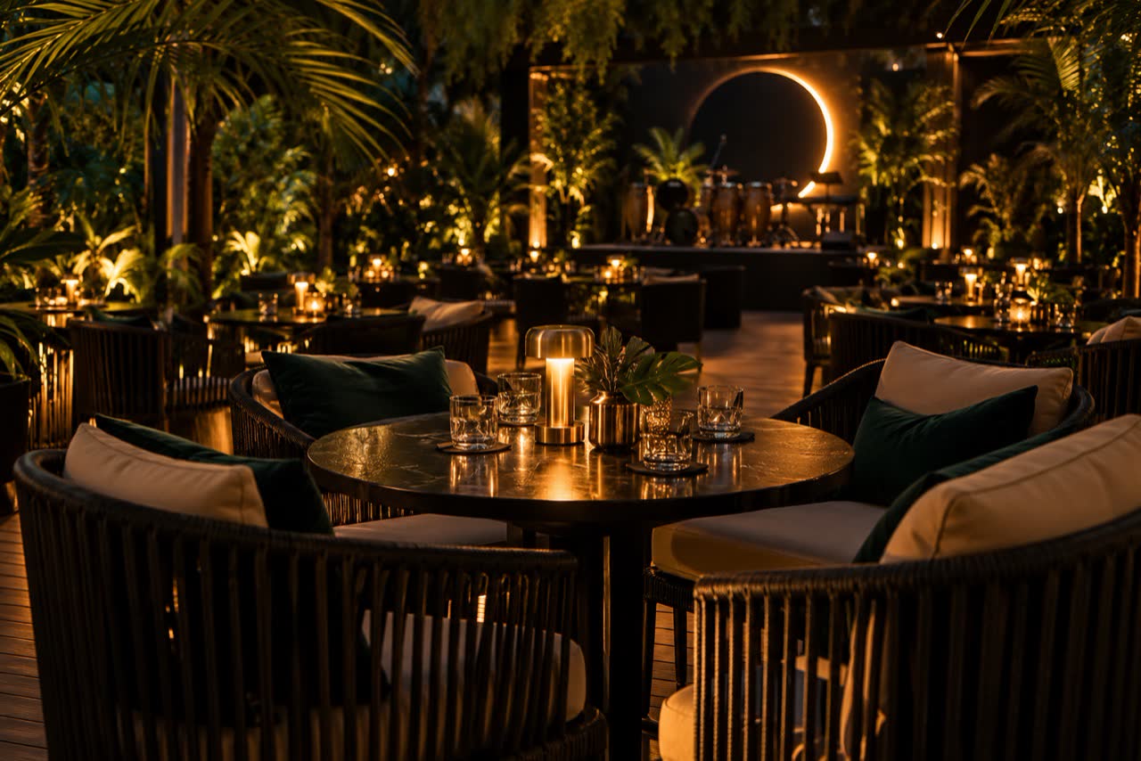 Terraza con mesas y un escenario al fondo