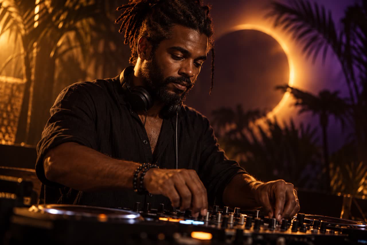 DJ con un eclipse de fondo